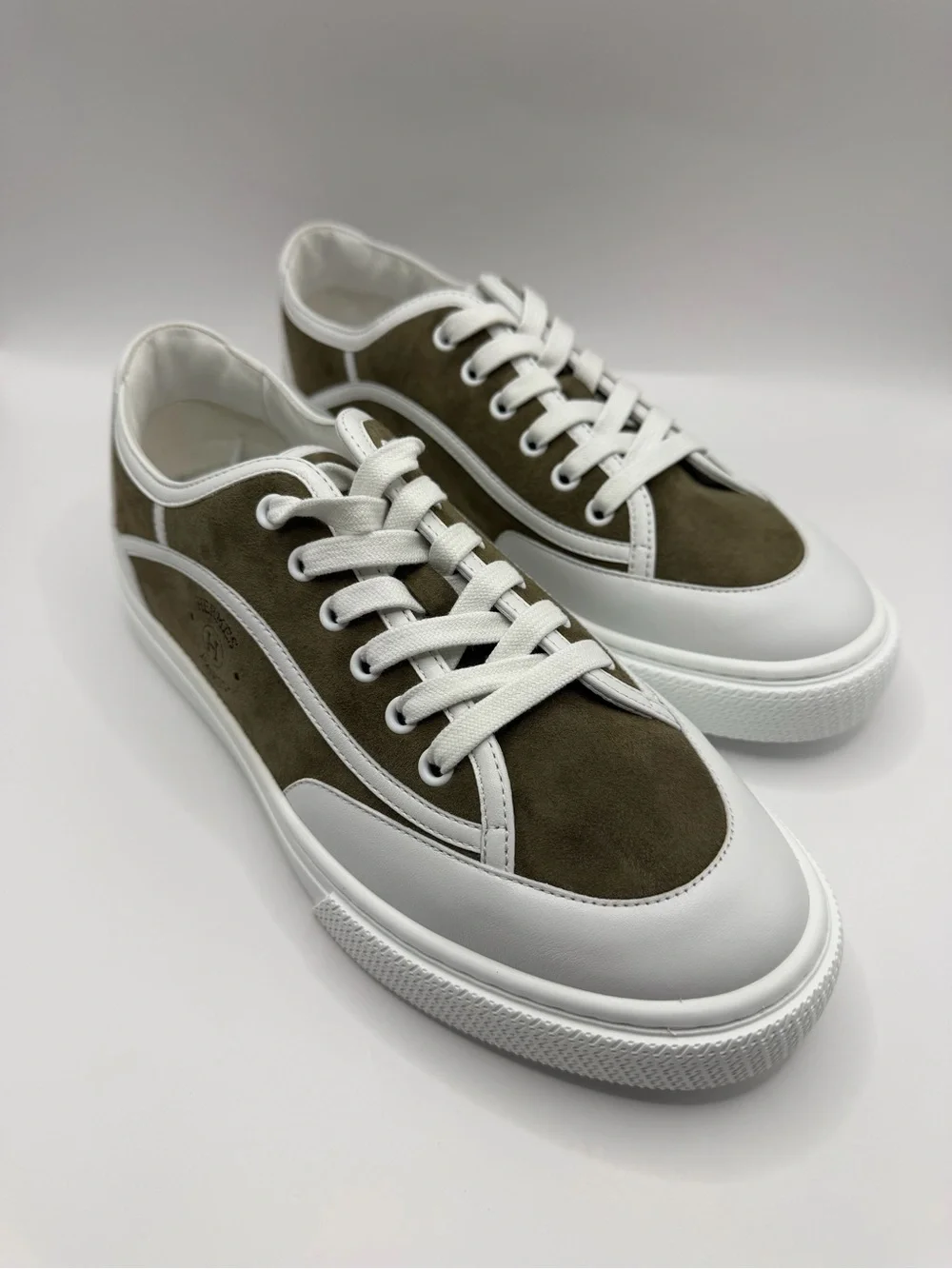 Hermes Women’s Low-Top Sneakers in Taupe and White